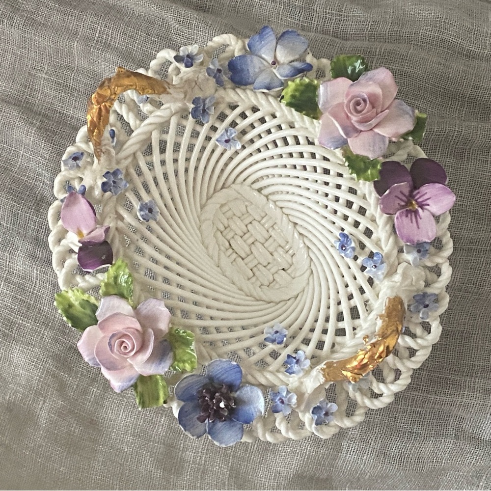 Royal Adderley Floral Bone China Gilded-Handled Lattice Oval Basket